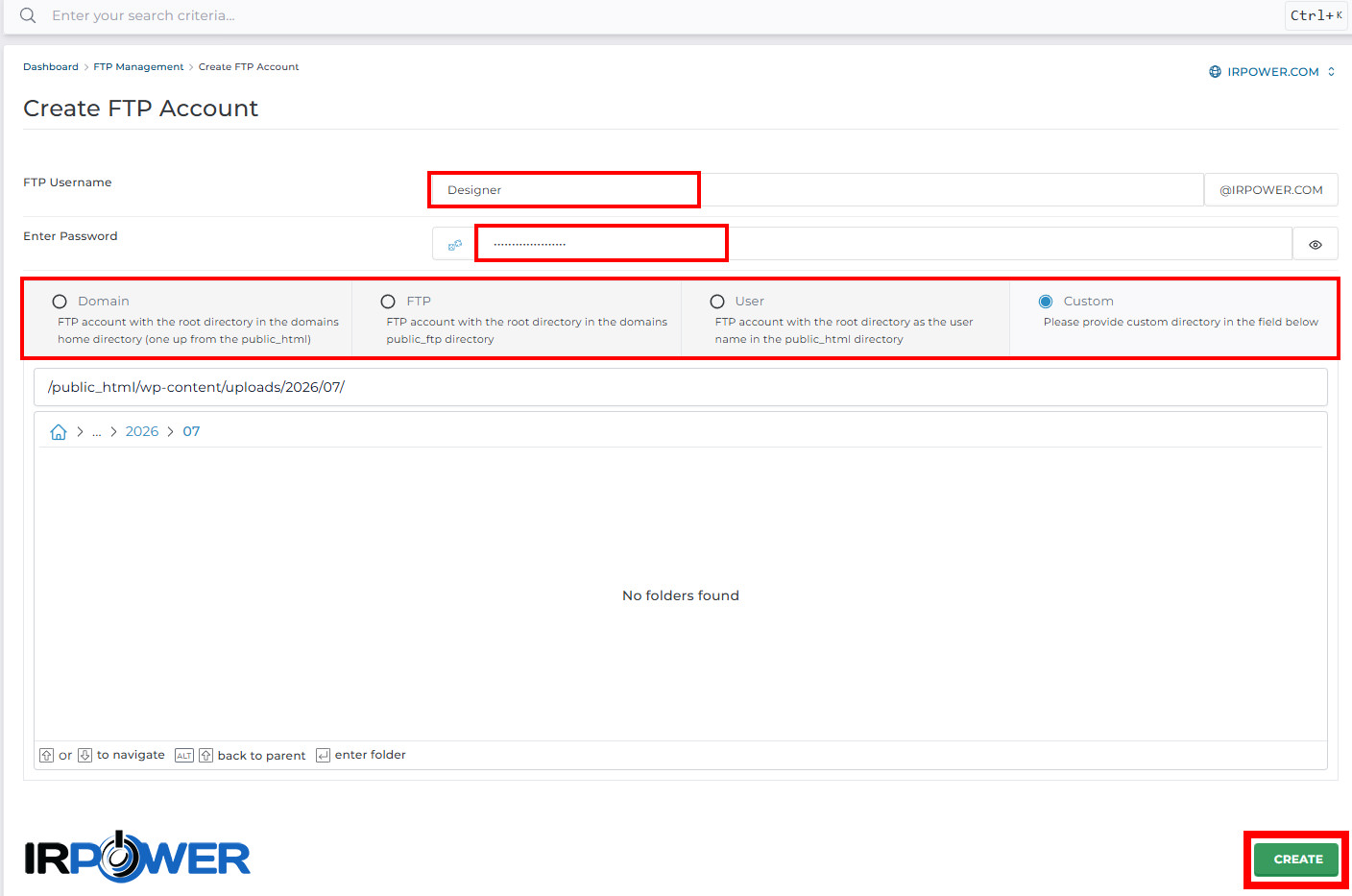 آموزش ایجاد و حذف اکانت FTP در DirectAdmin