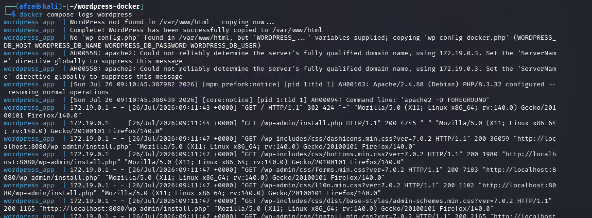docker compose logs wordpress