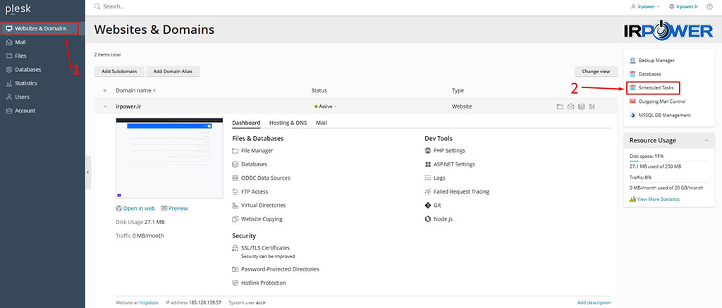 دسترسی به Scheduled Tasks در Plesk