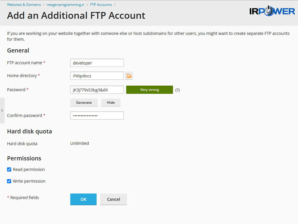 ایجاد اکانت FTP جدید