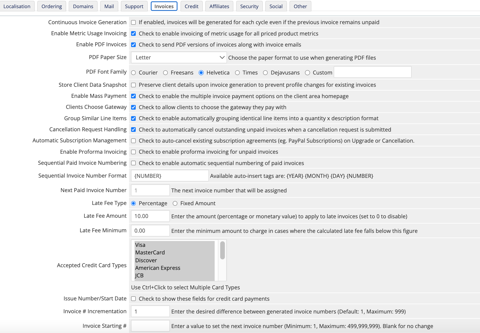 whmcs Invoices settings