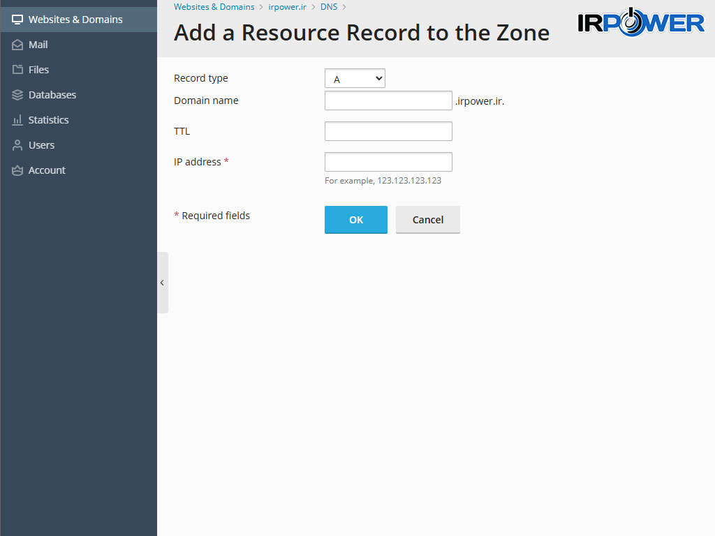 افزودن رکورد جدید در Plesk