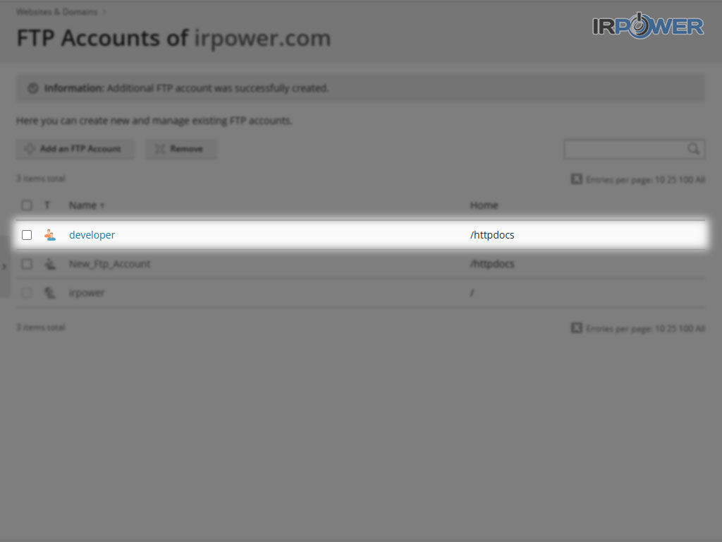 لیست اکانت های FTP در صفحه "FTP Access"