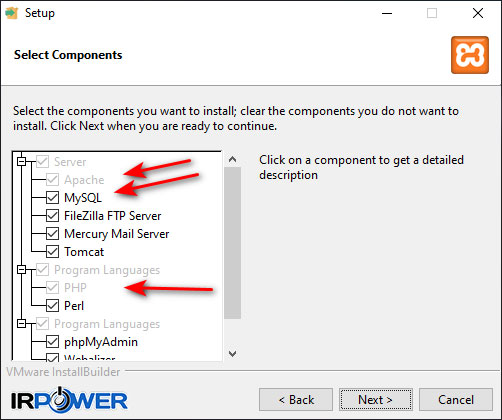 انتخاب موارد مهم در نصب xampp